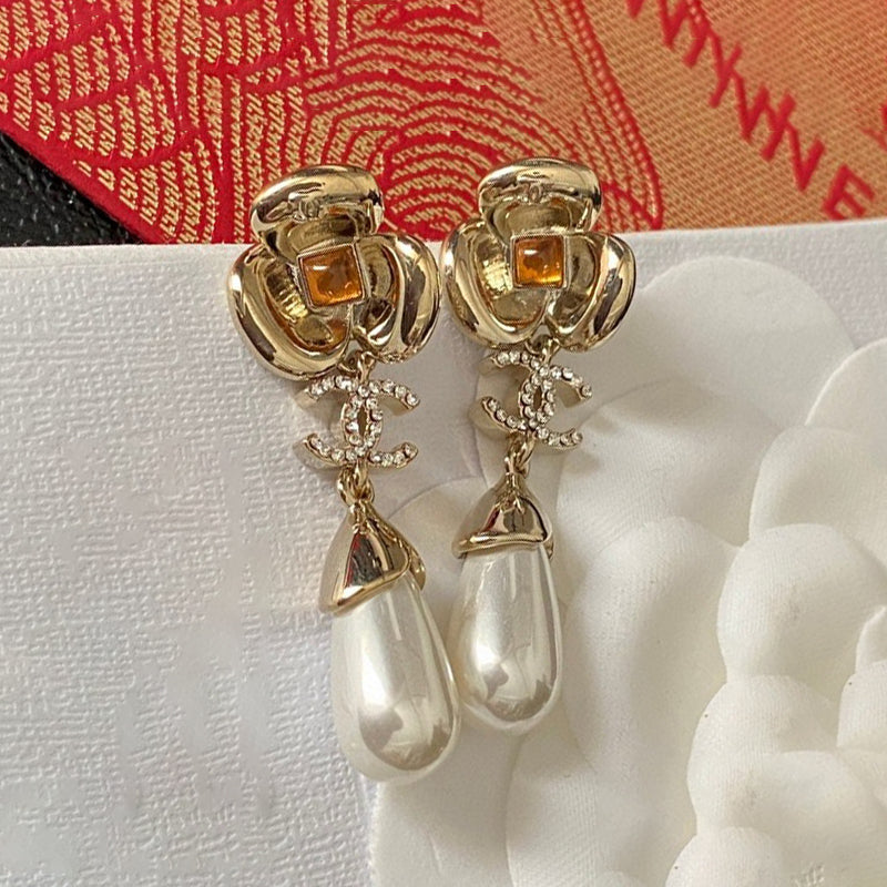 18K  Chanel Camellia Pearl Earrings